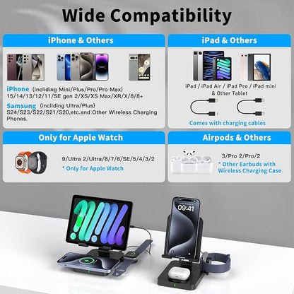 3 in 1 Wireless Charger for Apple Charging Station for iPhone Mag safe Charger for iPhone 17 Pro Max/16/15/14, Foldable Watch for Apple Watch 10/9/8/7, Rotating Stand for iPad Charging Station (black)