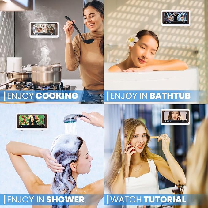 Shower Phone Case Holder Waterproof Upgraded Holder Wall Mount Bathroom TV Shower Gadget Shower Accessory Phone Mount iPhone Shower TV (White)