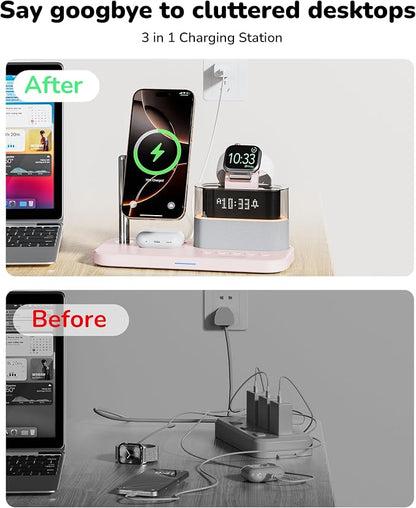 Compatible with Qi2 Certified 15W Charging Station with Alarm Clock and Night Light,Fast 5 in 1 Mag-Safe Wireless Charger Stand for iPhone 16 15 14 13 12 Pro Max,Apple Watch,Air-Pods(Pink)