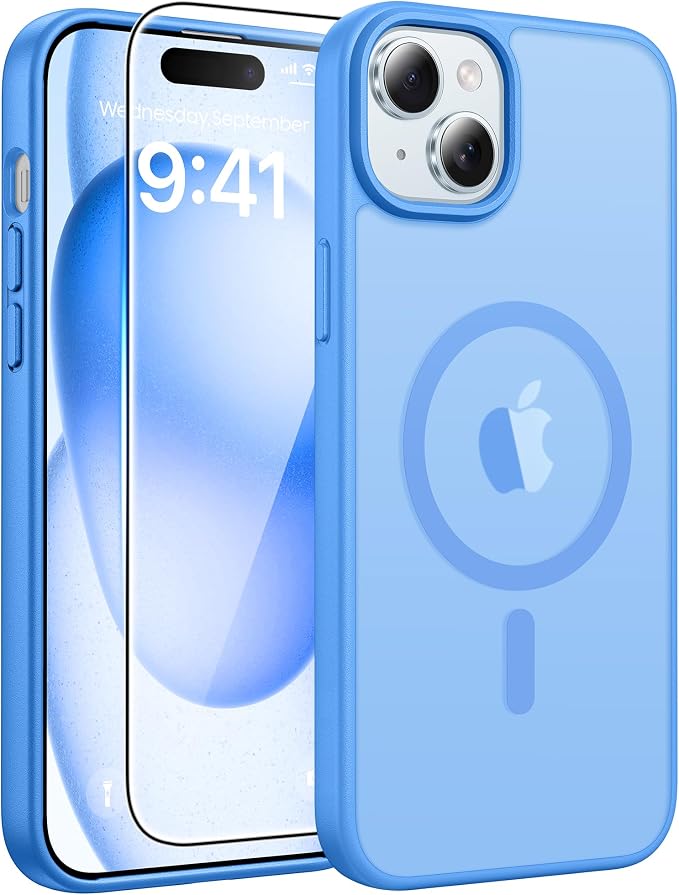 FNTCASE for iPhone 15 Case: for iPhone 14 Case & iPhone 13 Case [Compatible with Magsafe] Translucent Matte Cases with [Screen Protector] Military Grade Shockproof Protective Phone Cover - Ice Blue