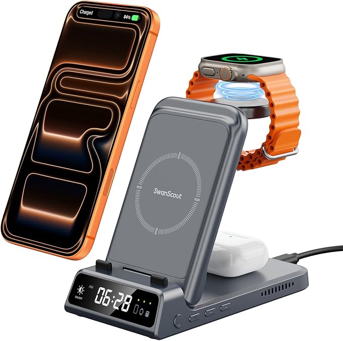 Charging Station for iPhone Air/17, SwanScout 703A, Wireless Charger for iPhone 16/15/14/13/12/11 Series, for Apple Watch 10/Ultra 2/9/8/7/SE 2, for Airpods Pro 3, Foldable and Portable (Tech Grey)