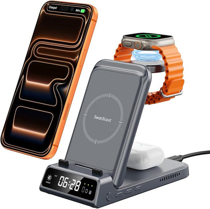 Charging Station for iPhone Air/17, SwanScout 703A, Wireless Charger for iPhone 16/15/14/13/12/11 Series, for Apple Watch 10/Ultra 2/9/8/7/SE 2, for Airpods Pro 3, Foldable and Portable (Tech Grey)