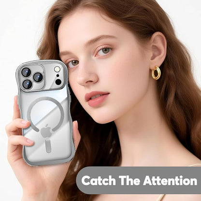 Misscase Designed for iPhone 17 Pro Case 6.3",with Privacy Screen Protector*1,Cute Wave Frame Case with Camera Lens Protector,Compatible with MagSafe Plating Bling for Women Silver
