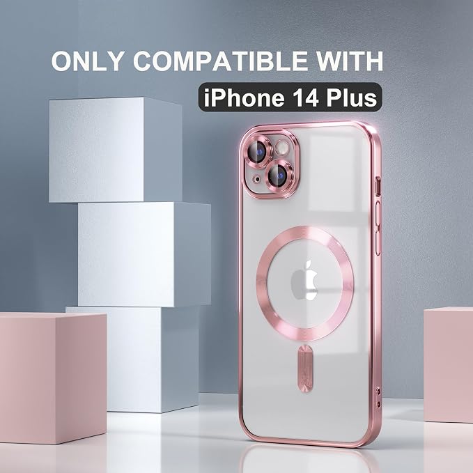 Misea Magnetic for iPhone 14 Plus Case Compatible with MagSafe [Never Yellowing] [Military Grade Drop Protection] Full Camera Lens Protector Plating Soft Clear Phone Case for Women Girls, Pink