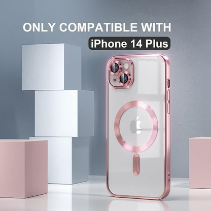 Misea Magnetic for iPhone 14 Plus Case Compatible with MagSafe [Never Yellowing] [Military Grade Drop Protection] Full Camera Lens Protector Plating Soft Clear Phone Case for Women Girls, Pink