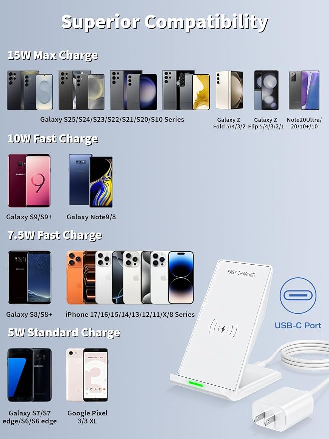 Wireless Phone Charger Stand,15W Fast Android Wireless Charger Station for iPhone 17/17 Air/17 Pro Max/15/14/13, 15W Fast Charging for Samsung Galaxy S23 S22 S21 with 20W USB C Charging Block Adapter