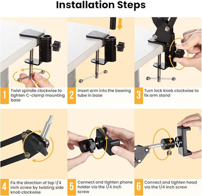 TARION Overhead Video Arm Articulating Flexible Cell Phone Holder for Desk Table Phone Stand Holder for Overhead Video Filming Livestream Flat Photography Videography