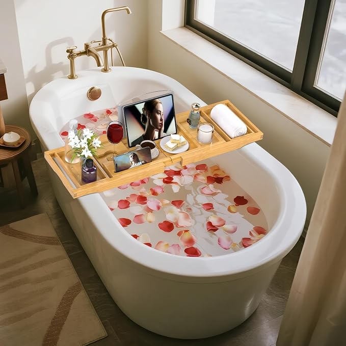 Bathtub Tray Caddy, Expandable Bath Trays for Tub, Bamboo Shelf & Table with Wine Glass Holder,Bathroom Accessories for New Home & Mothers Day & Birthday Gifts for Mom