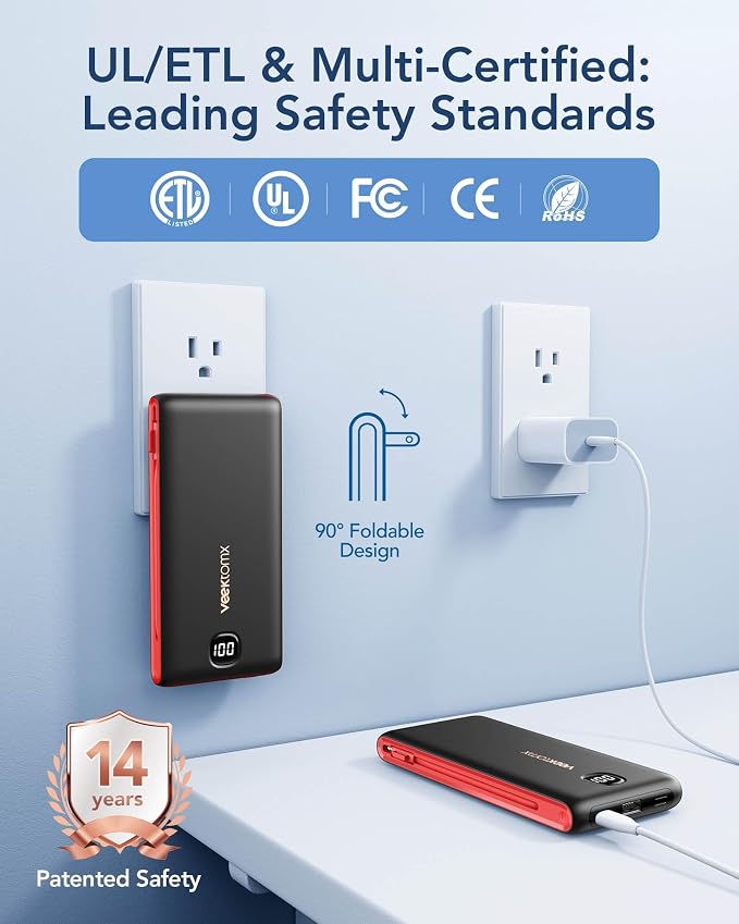 VEEKTOMX Portable Charger with Built in Cables 10000mAh, Power Bank for iPhone with AC Wall Plug, Fast Charging USB C Slim Battery Pack with LED Display Compatible with iPhone 17/16/15, Samsung