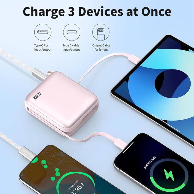 10000mAh Small Portable Charger with Built in Cables LED Display Pink | Mini Power Bank 22.5W USB-C Fast Charging Battery Pack, Travel Essential Power Bank for iPhone, iPad, Samsung, Android