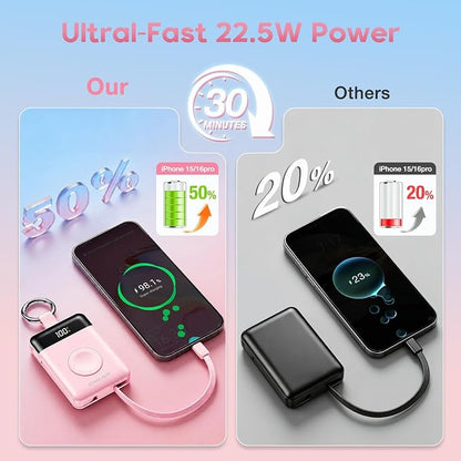 10000mAh Portable Charger,PD 22.5W Super Fast Charging Power Bank with Built-in Cables, Travel Keychain Battery Pack for iPhone 17/16/15/14/13/12,Apple Watch Ultra/11/10/9/8/7/6/SE (Pink)