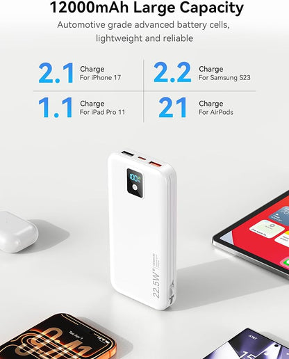 Portable Charger, 12000mAh 22.5W Fast Charging Power Bank with Built-in Cables & Wall Plug, Travel Essentials Battery Pack with LED Display, USB C External Battery Bank for iPhone iPad, Samsung White