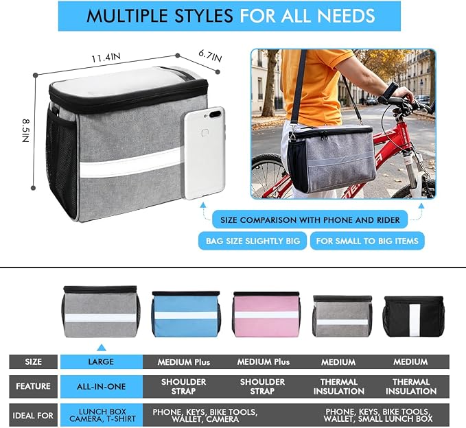 Bike Handlebar Bag - Front Basket with Bike Phone Mount, Bicycle Cooler Pouch Pack for Kids Girls Boys Men Women