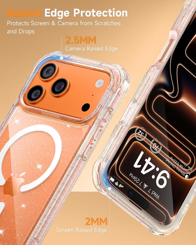 seacosmo Magnetic for iPhone 17 Pro Case for Women, Girly, Men, Full Body with Built-in Screen and Camera Lens Protector, Anti-Yellowing, Shockproof Cute 17 Pro Phone Case, 6.3", Clear Glitter