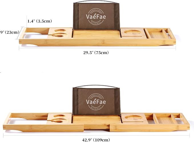 VaeFae Bamboo Bathtub Caddy Tray, Expandable Bath Tray for Tub with Upgraded Wine Slots and Book Holder - Ideal for One or Two Person Use