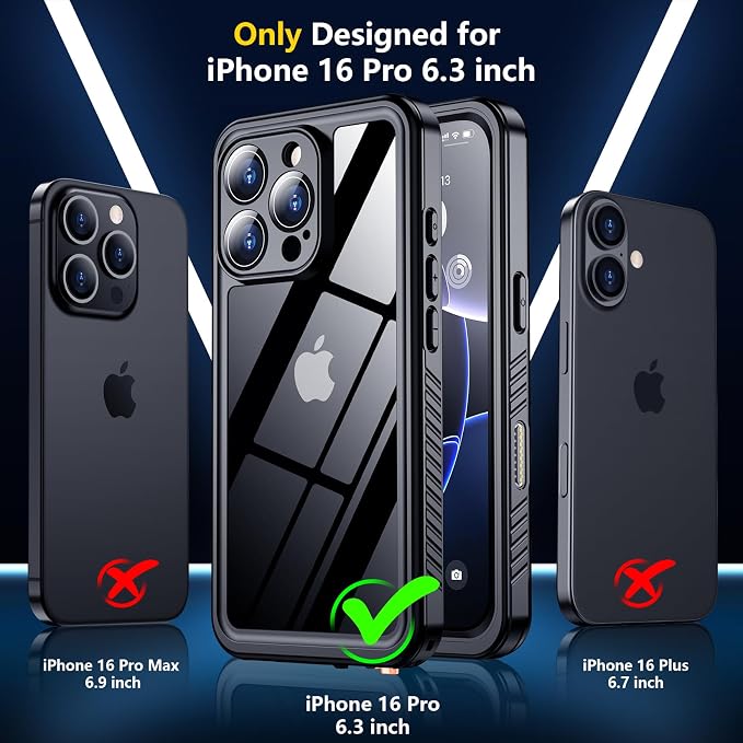 SPIDERCASE for iPhone 16 Pro Case Waterproof, [12FT Military Drop Proof] [IP68 Waterproof] [Full Body Protection] Heavy Duty Protective Cover for iPhone 16 Pro 6.3”, Black
