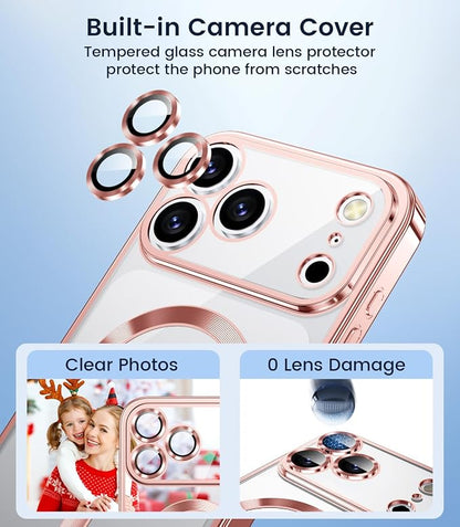 Slim Thin for iPhone 17 Pro Max Case Clear, Compatible with MagSafe, Built-in Camera Lens Protector, Shockproof Protective Phone Case, Soft Electroplated Magnetic Cover, Rose Gold Pink
