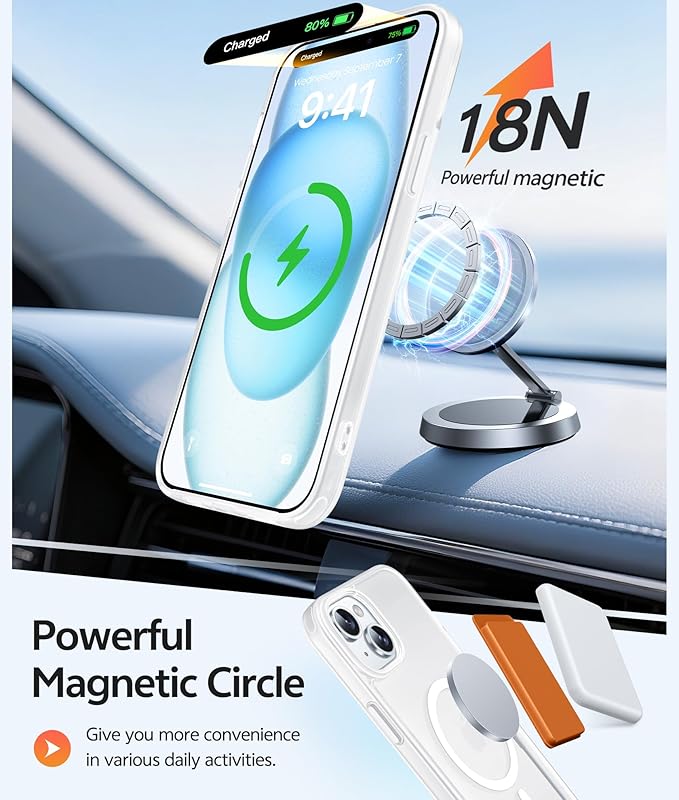 FNTCASE for iPhone 15 Case: for iPhone 14 Case & iPhone 13 Case [Compatible with Magsafe] Translucent Matte Cases with [Screen Protector] Military Grade Shockproof Protective Phone Cover - White