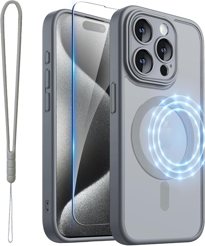 ROYBENS for iPhone 15 Pro Matte Clear Case Compatible with Magsafe, Full Camera Lens Protection, Screen Protector, Wrist Strap, Translucent Magnetic Slim Hard Protective Phone Cover, Grey