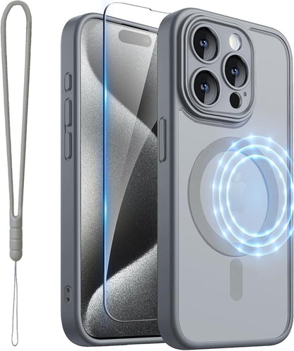 ROYBENS for iPhone 15 Pro Matte Clear Case Compatible with Magsafe, Full Camera Lens Protection, Screen Protector, Wrist Strap, Translucent Magnetic Slim Hard Protective Phone Cover, Grey