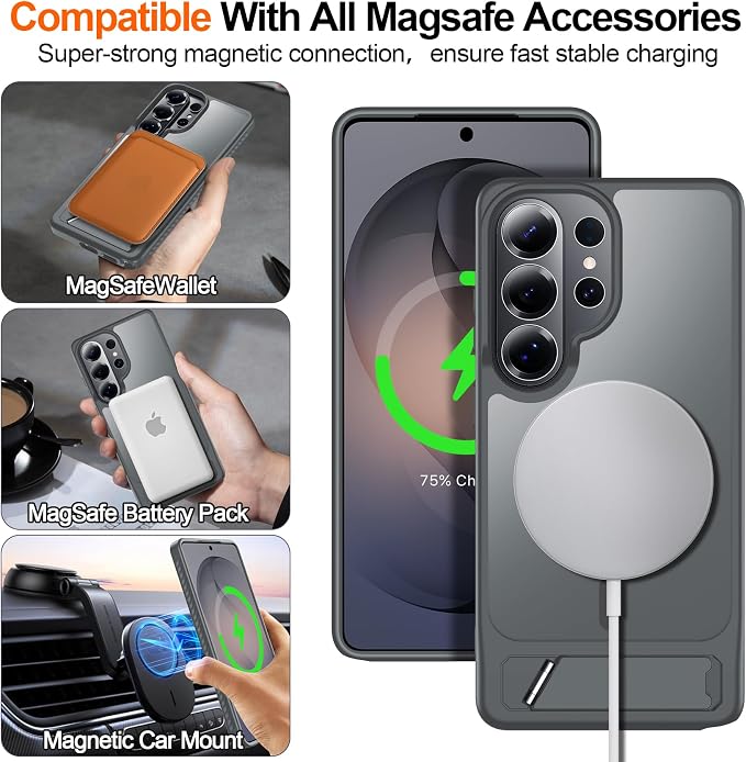 For Samsung Galaxy S26 Ultra Case with Kickstand,1*Screen Protector,[Compatible with Magsafe]Translucent Matte Military-Grade Protection,Magnetic Phone Case for Samsung Galaxy S26 Ultra,6.9"-Gray