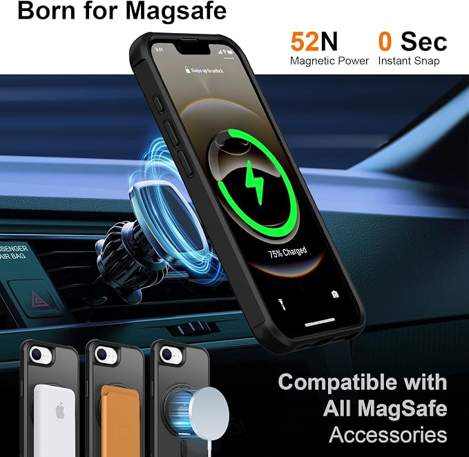 360° Magnetic Swivel Ring for iPhone 16E & 17E Case, Built-in Metal Stand and Ring Holder, Magsafe Compatible, Military Grade Protection, Shock Resistant - Black