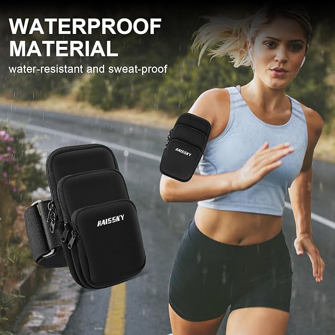 3 Pockets Running Phone Armband Holder for iPhone 16 15 14 Pro Max 13 Plus 12 11 XS XR X 8 7 Galaxy S23 Pouch Key Card Bag, Water Resistant Cell Phone Sport Arm Bands for Exercise Walking Workout Gym