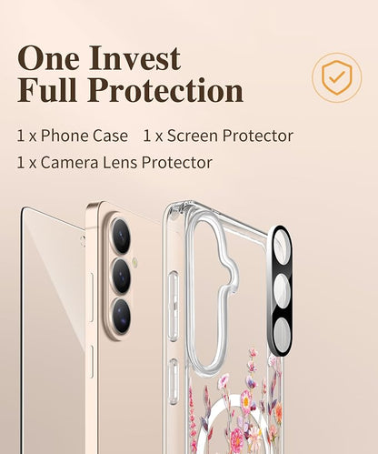 GVIEWIN for Samsung Galaxy S26 Plus Case Compatible with MagSafe, Clear Floral Shockproof Protective Women Phone Case, Non-Yellowing, Screen&Camera Lens Protector for S26 Plus 6.7",Floratopia/Orange