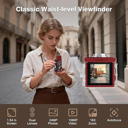 Mini Retro TLR Digital Camera, Portable 24MP 1080P FHD Vintage Point and Shoot Pocket Travel Camera with Twin Lens, Autofocus, 16X Digital Zoom, 16GB Card, for Beginners, Teens & Adults - Red