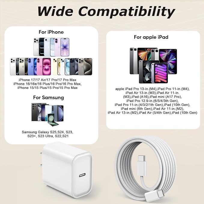 USB C Charger Fast Charging for iPhone 17,3Pack 20W Type C Fast Charging Block with 10FT Extra Long USB C-C Woven Cable Charger Compatible with iPhone Air/17/16/15 Pro Max,iPad Pro/Air/Mini,AirPods