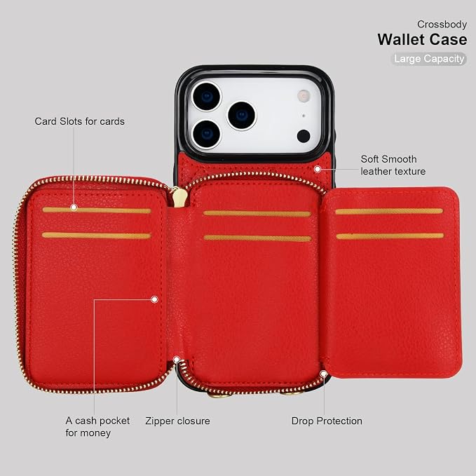 Bocasal Crossbody Wallet Case for iPhone 17 Pro Max, RFID Blocking PU Leather Zipper Handbag Purse Flip Cover, Kickstand Folio Case with Card Slots Holder Wrist Strap Lanyard 5G 6.9 Inch (Red)