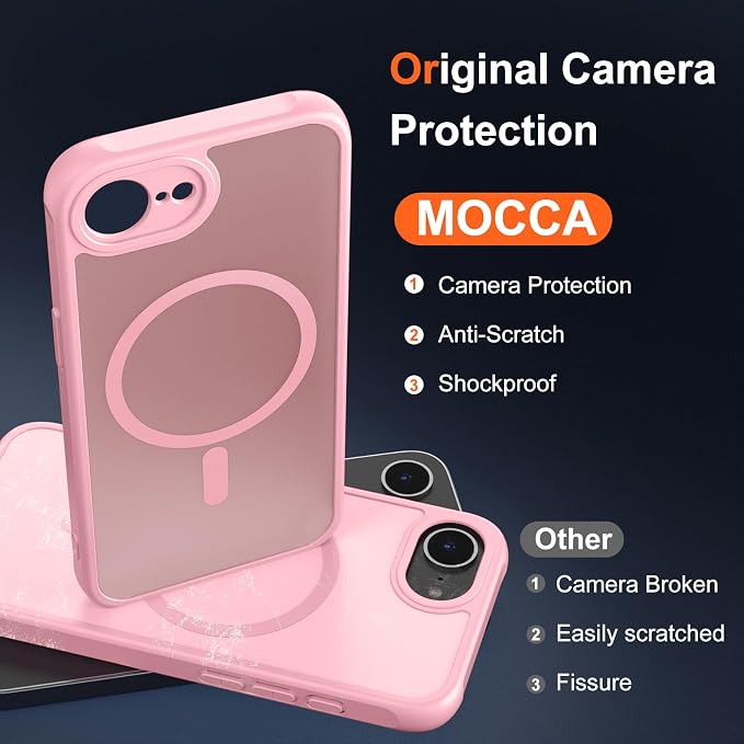MOCCA Strong Magnetic for iPhone 17e Case/iPhone 16e Case [Compatible with Magsafe] [Full Camera Protection] Slim Translucent Matte Shockproof Phone Case for iPhone 17e / 16e 6.1", Pink
