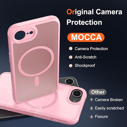 MOCCA Strong Magnetic for iPhone 17e Case/iPhone 16e Case [Compatible with Magsafe] [Full Camera Protection] Slim Translucent Matte Shockproof Phone Case for iPhone 17e / 16e 6.1", Pink