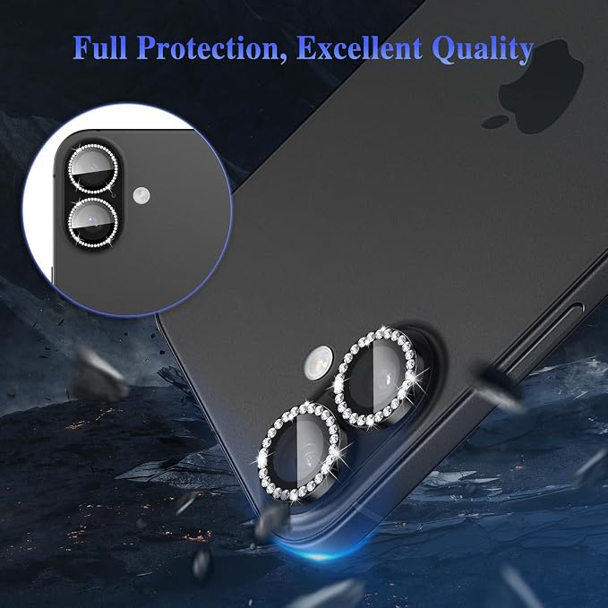 ShinKin Camera Lens Protector for iPhone 17, Glitter Camera Cover, 9H Tempered Glass Individual Metal Ring Camera Protector for iPhone 17 (Diamond - Black)