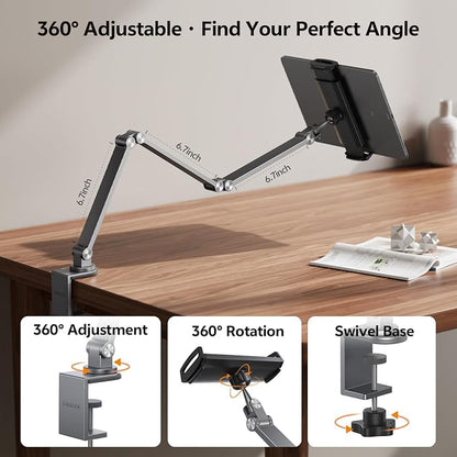 LULULOOK Tablet Stand iPad Phone Holder for Desk, Heavy Duty Aluminum 360° Rotating & Foldable Arm Mount Kindle Holder for Bed, Stand for iPad Pro, Kindle, Portable Monitor, Max 15.6"