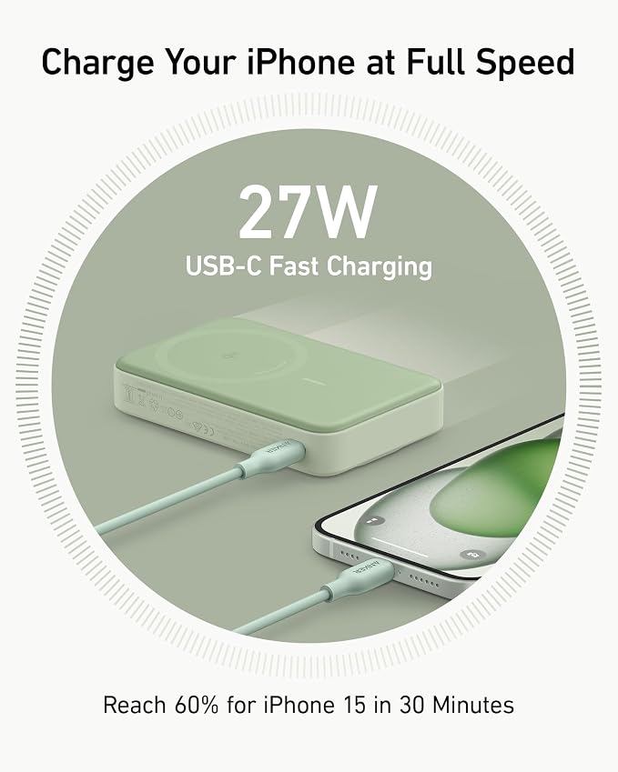 Anker MagGo Power Bank, Qi2 Certified 15W Ultra-Fast MagSafe-Compatible Portable Charger, 10,000mAh Battery Pack with Smart Display and Foldable Stand, For iPhone 15/14/13/12 Only(USB-C Cable Include)