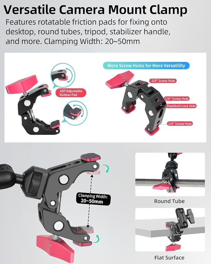22" Magic Arm w Clamp Mount, Overhead Desk Phone Mount Stand, Adjustable Articulating Friction Camera Boom Arm w 1/4" Thread for Phone Video Light Webcam Action Camera Tripod Mic