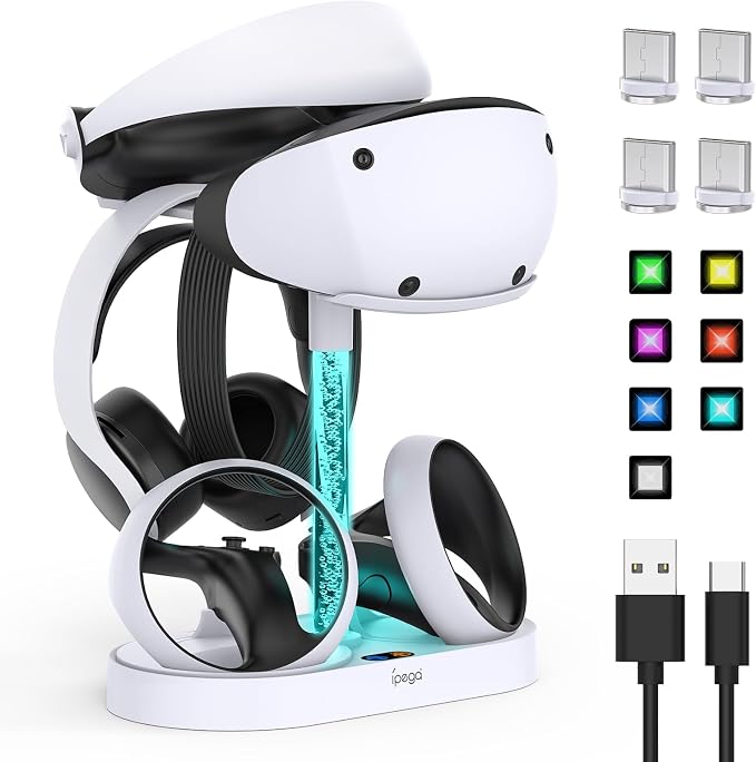 FASTSNAIL Charging Stand for PlayStation VR2, Multifunctional PS VR2 Headset & Sense Controllers Charge Dock Station with 10 RGB Light Modes of Memory, Storage Base Gaming Accessories for PS5 VR2