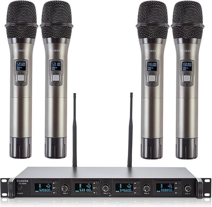Wireless Microphone System, 4-Channel UHF Wireless Mic, Fixed Frequency Metal Cordless Mic with 4 Handheld Dynamic Microphones, 200ft Range, Mics for Singing, Church (4 Handheld)