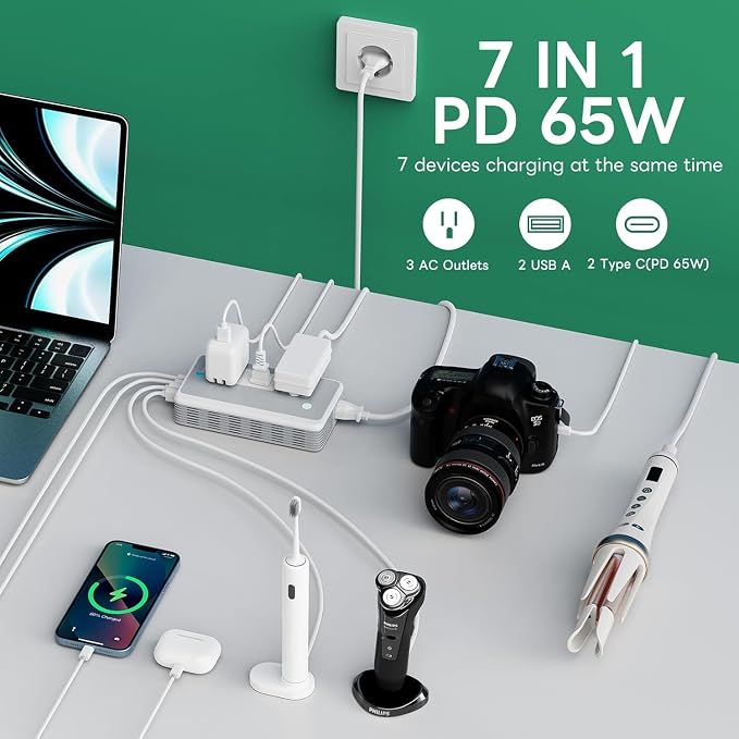 Voltage Converter US to Europe for Curling Iron and Hair Straighteners, PD 65W Fasting Charging Power Converter for European Travel Plug Adapter with Type C G A T for 200+ Countries (White)