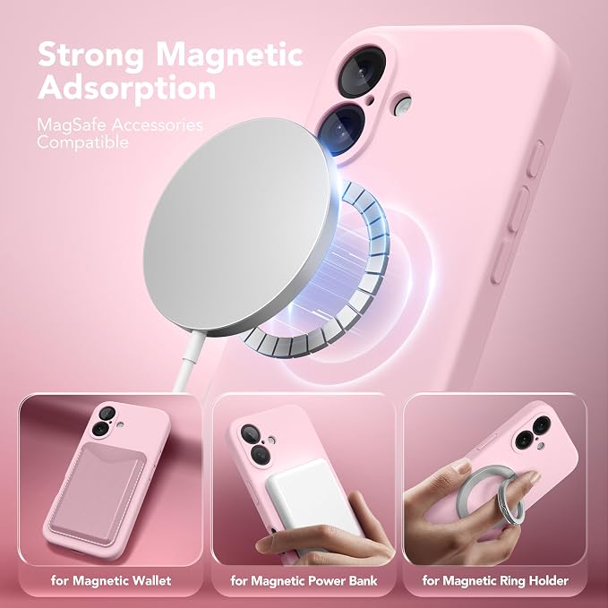 Magnetic for iPhone 16 Plus Case, Compatible with MagSafe, [Full Camera Protection][Screen Protector] Silicone Shockproof Protective Phone Case for iPhone 16 Plus 6.7", Chalk Pink