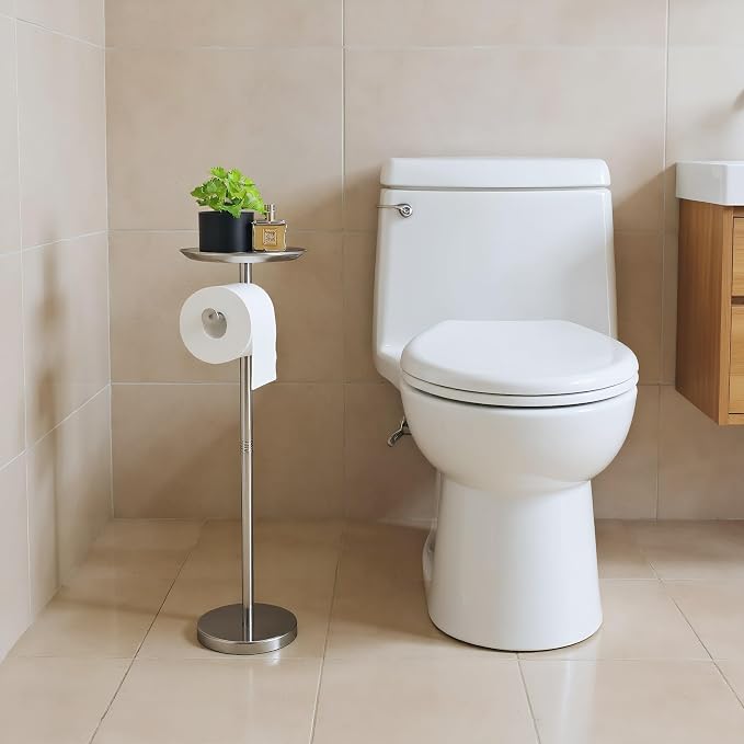 Standing Toilet Paper Holder, TP Holder with Practical Tray On Top for Phone, No Drill No Damage to Wall, Stainless Steel (Brushed Nickel)