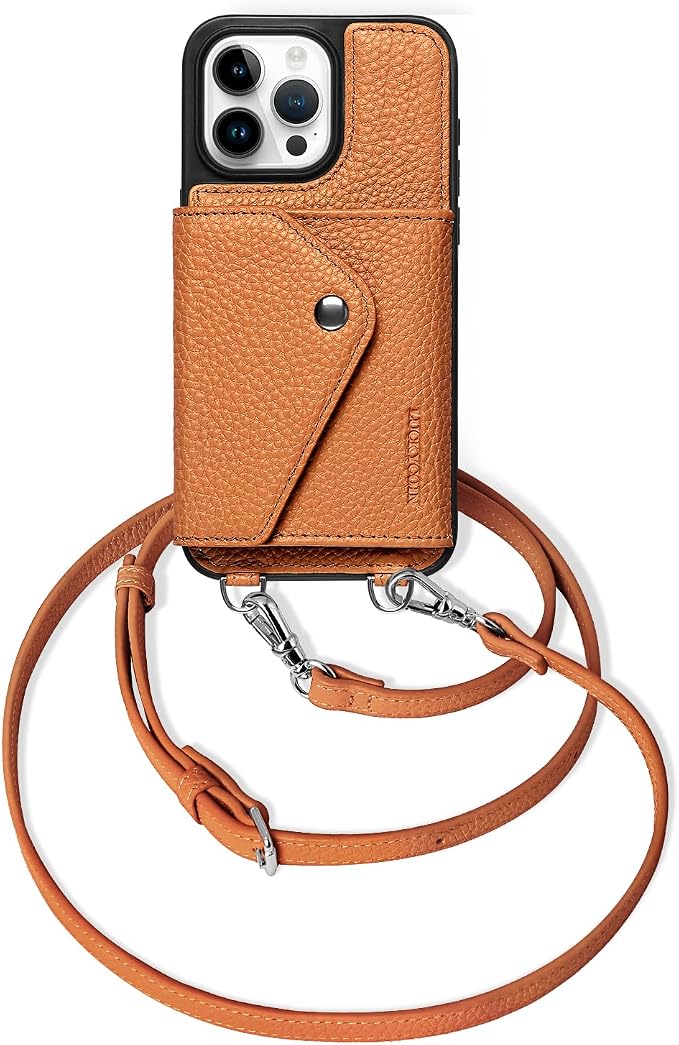 LUCKYCOIN for iPhone 15 Pro Max Crossbody Wallet Case – Genuine Leather Phone Purse with Adjustable Strap and Card Holder,Lanyard Phone Purse Case for Women,Pebble Grain Brown