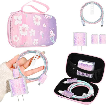 Phone Charger Case Storage Set with Cute Flower Cable Protector with Carrying Cable Case Bag,Cord Organizer, USB Earphone Wire Saver Organizer Charger Protector for iPhone (Purple Flower)