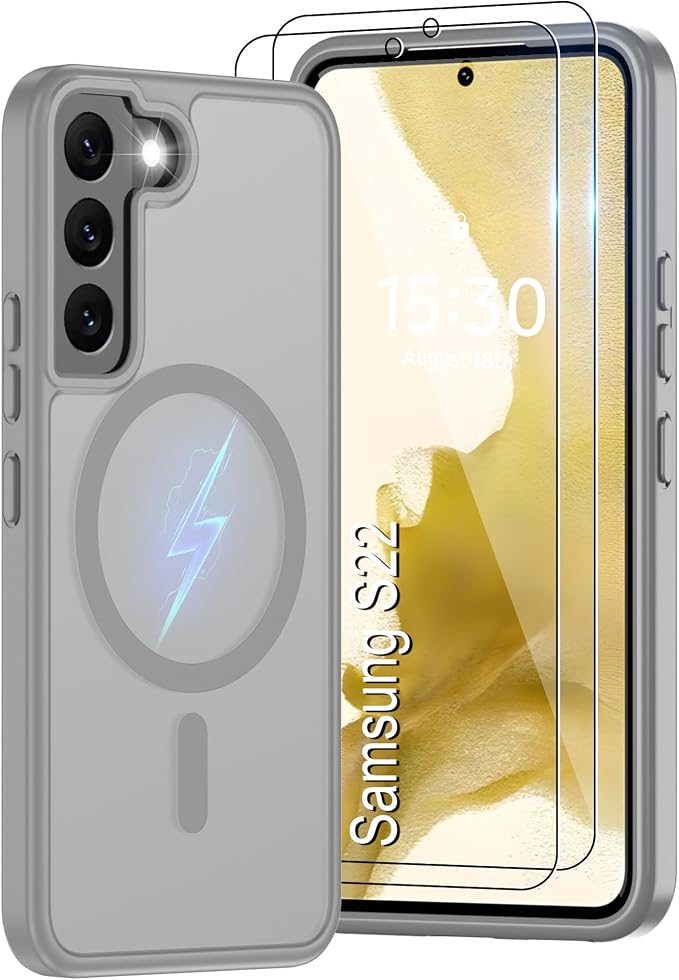 Pilaru for Samsung Galaxy S22 Case [Compatible with Magsafe] Translucent Matte Magnetic Phone Case,Slim Thin Duty Shockproof Protection Cover with 2pc HD Screen Protector-Gray
