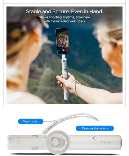 Spigen Selfie Stick Automatic Tripod Stand with Bluetooth Remote Control Shutter 66" Extendable Compatible with MagSafe iPhone 17/16/15/14/13/12 Pixelsnap Pixel 10 Series & More - Dune Beige (S582W)
