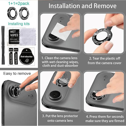 Compatible for iPhone Air Camera Lens Protector Bling, Cute Sparkle Glitter Camera Cover for Women, Individual Ring, Anti-Scratch 2 Pack Protectors for 17 Air (1 Rugular Use + 1 Extra), Black