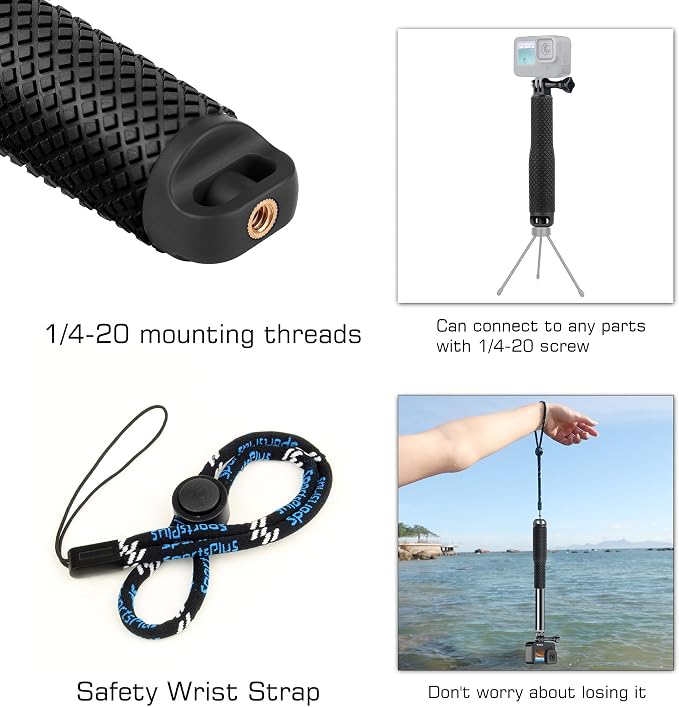 GEPULY Short Selfie Stick Pole Waterproof Hand Grip Adjustable Underwater Monopod for GoPro Hero 13 12 11 10 9 8 7 6 5 AKASO DJI OSMO 6 5 Pro Action Camera Black