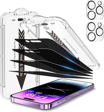 EZ-GLAZ- 4 Pack for iPhone 14 Pro Max Privacy Screen Protector[6.7"] With 2 Pack Camera Lens Protector, [Drop Protection] 9H Hardness Full Coverage Anti-Spy Tempered Glass Film, Easy to install