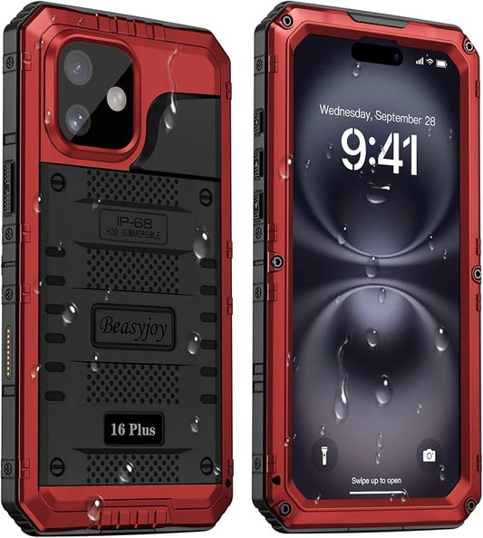 Beasyjoy for iPhone 16 Plus Case Waterproof, Metal Heavy Duty Full Body Protective Case with Built-in Screen Protector, Military Grade Shockproof Dustproof Defender Case for Work Sport 6.7", Red